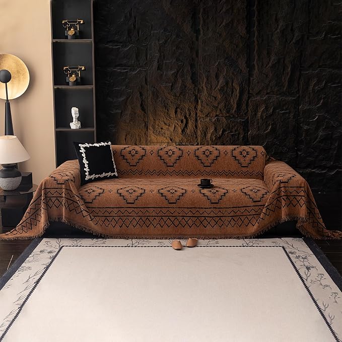 VClife Bohemian Sofa Covers Chenille Couch Cover for Sectional Couch, Soft Non Slip Couch Covers for 3 Cushion Sofa Breathable Sofa Furniture Protector Slip Cover for Couch, Pumpkin, 71"X134"