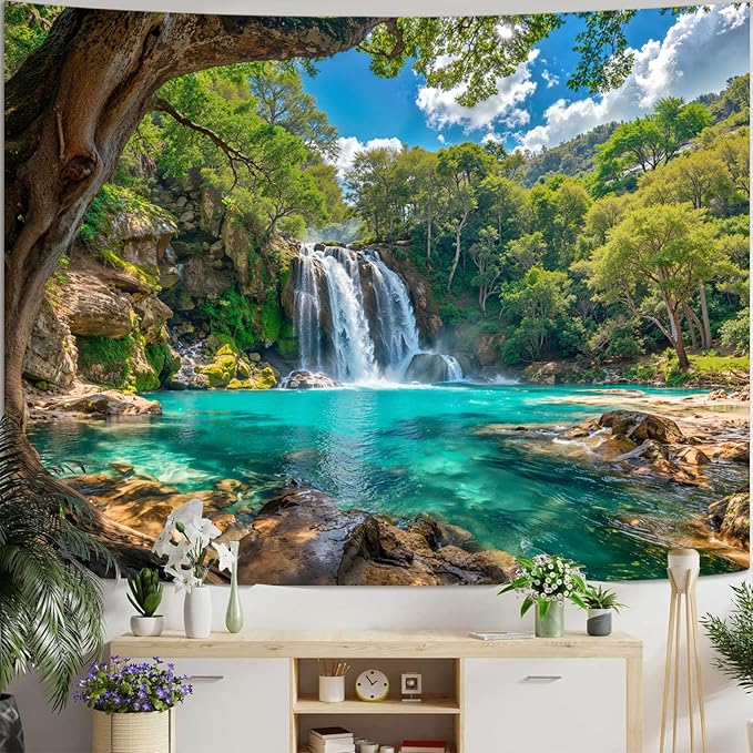 Zussun Nature Forest Tree Tapestry Flowing Waterfall Green Jungle Tapestry for Bedroom Aesthetic Teal Lake Landscape Small Tapestries Wall Hanging for Dorm Living Room Decor 48 x 36 Inch