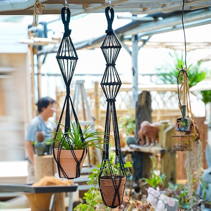 Hourglass Floating Macrame Plant Hangers 2 Pack Handmade Cotton Rope Hanging Planters Basket with S Hooks, Diamond Openwork Boho Home Decor for Indoor Outdoor, Plants Holder 35" & 39” (Black)