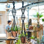 Hourglass Floating Macrame Plant Hangers 2 Pack Handmade Cotton Rope Hanging Planters Basket with S Hooks, Diamond Openwork Boho Home Decor for Indoor Outdoor, Plants Holder 35" & 39” (Black)