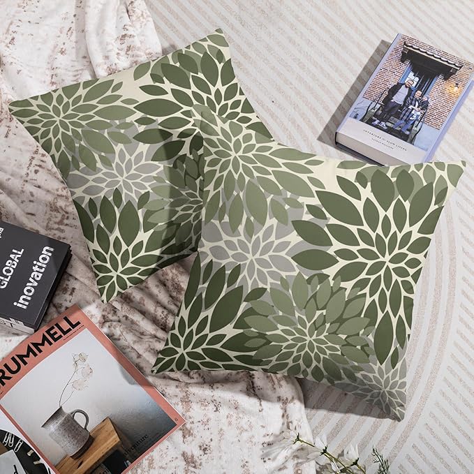 Dark Sage Green Flower Pillow Covers 16X16 Inch Set of 2, Grey Gray Dahlia Floral Spring Summer Cream Decorative Throw Pillow Covers Outdoor Modern Farmhouse Cushion Case for Home Couch Sofa Bed Decor
