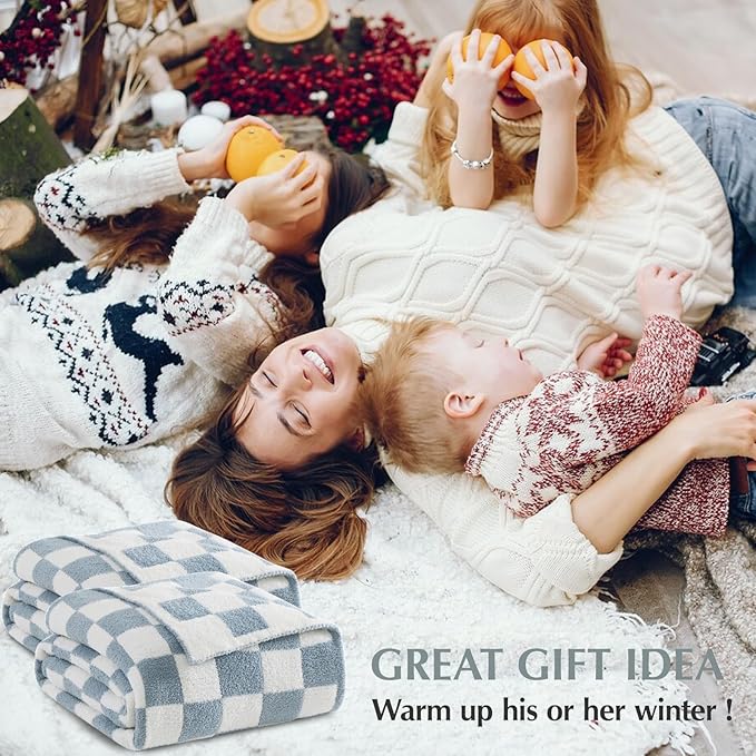 WRENSONGE Checkered Throw Blanket, Grey Blue Soft Cozy Fluffy Warm Hand Made Throw Blankets for Couch, Sofa, Chair, Bed, Camping, Picnic, Travel Lightweight Bed Blanket - 60"*80"