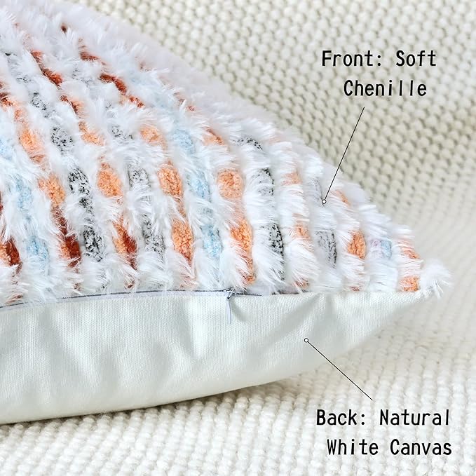 Boho Chenille Tufted Pillow Cover 18x18 Inch Set of 1, Farmhouse Striped Decorative Pillow Covers Accent Fluffy Neutral Square Pillowcases for Couch Sofa Bedroom Living Room, Orange White