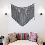 Youngeast Macrame Wall Hanging Large Macrame Curtains Leaf Shape Beads Wall Decor Boho Tassel Wall Art Woven Tapestry Headboard Backdrop Gray