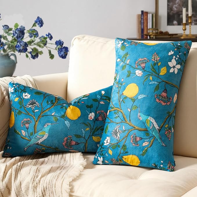 MUSSEL Stone Blue Floral Pillow Covers 12x20 Set of 2, Velvet Wild Flower Plant Throw Pillows Case, Square Farmhouse Decor Cushion Covers for Home Sofa Bed Couch
