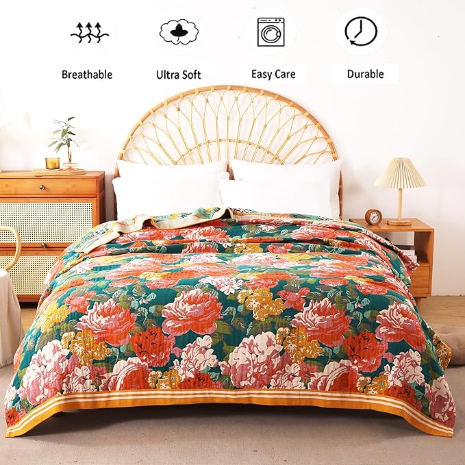 Boho Throw Blanket, 100% Organic Cotton Breathable Ultra Soft 80" x 90" Bed Quilt Throw - All Season Floral Rustic Farmhouse Decor Luxury Reversible Blanket for Sofa Couch Chair and Gift