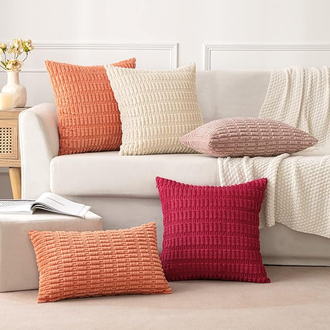 MIULEE Pack of 2 Corduroy Decorative Euro Sham Throw Pillow Covers 24x24 Inch Soft Boho Striped Pillow Covers Modern Farmhouse Home Decor for Summer Sofa Living Room Couch Bed Coral