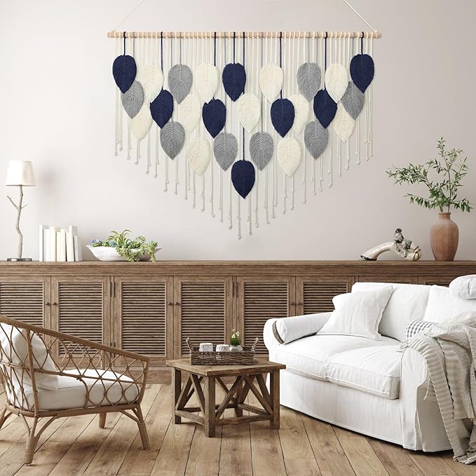 Weldomcor Large Macrame Wall Hanging Leaf Boho Woven Tapestry, Bohemian Chic Wall Hanging Feather Handmade Wall Art Home Decor for Bedroom Living Room Apartment Nursery Office Decoration 51.5"Wx33.5"L