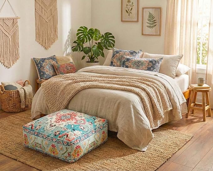 Large Floor Pillow Cover Square Meditatioמ Square Cushion Case Boho Room Décor Moroccan Seating Area Pouf Perfect for Living Room, Bedroom, Nursary or Children Room Cotton 24x8 Unstuffed