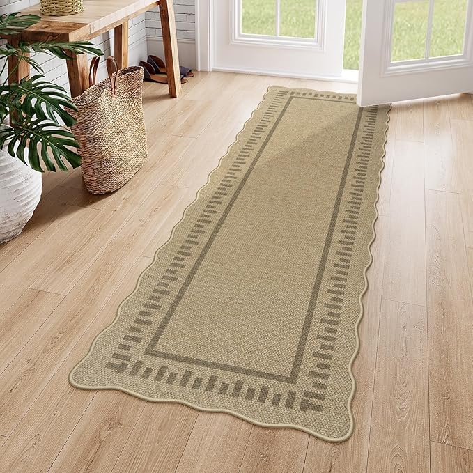 LIVEBOX Scalloped Washable 2x6 Runner Rug, Easy Jute Outdoor Rug Kitchen Tan Rugs for Entryway Hallway, Indoor Non Slip Rugs Farmhouse Geometric Modern Carpet for Laundry Room Bedroom Door Mat Porch
