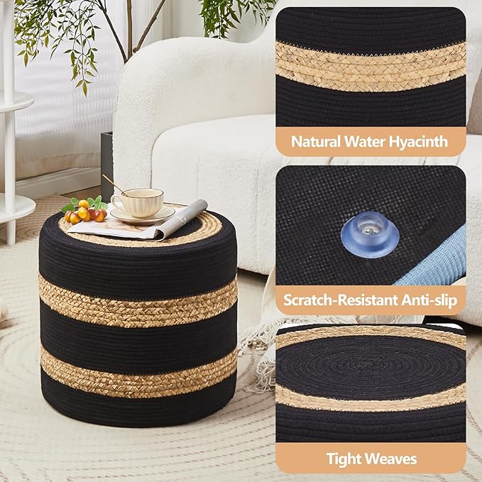 Wimarsbon 2Pcs Pouf Ottomans, Natural Seagrass Foot Stool, Hand Weaving Round Ottoman, Boho Decorative Seat, Jute Braided Pouffe Poof Accent Sitting Footrest for Living Room (18inch 68LH)