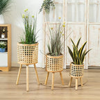 Wnvivi Hand-Woven Plant Stand,Boho Flower Pot on Wooden Standing Legs,Bamboo Wood Plant Holder for Living Room Farmhouse Decor(18 Inch,Khaki)