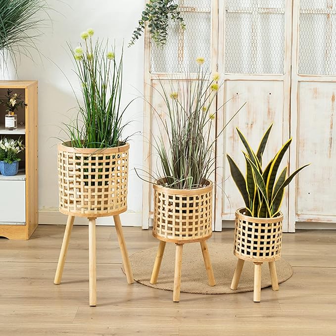 Wnvivi Hand-Woven Plant Stand,Boho Flower Pot on Wooden Standing Legs,Bamboo Wood Plant Holder for Living Room Farmhouse Decor(18 Inch,Khaki)