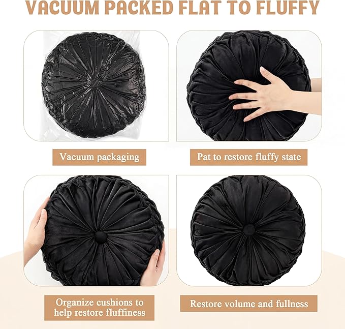 Round Throw Pillows Decorative Pleated Throw Pillows 15'' Diameter Accent Pumpkin Boho Chair Cushion for Couch Sofa Home Decoration(Black,1 Pcs)