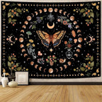 Aipon Yellow Butterfly Moon Flower Tapestry Botanical Floral Plant Boho Tapestry for Bedroom Aesthetic Vintage Tapestries Wall Hanging for Living Room Dorm (68.00'' × 90.00'', Yellow)