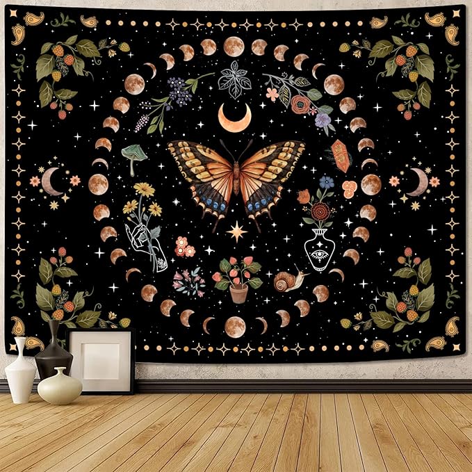 Aipon Yellow Butterfly Moon Flower Tapestry Botanical Floral Plant Boho Tapestry for Bedroom Aesthetic Vintage Tapestries Wall Hanging for Living Room Dorm (44.00'' × 60.00'', Yellow)