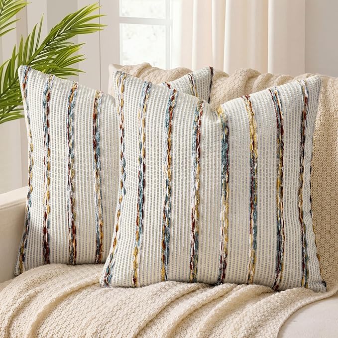 ANRODUO Boho Woven Chenille Pillow Covers 20x20 Inch Set of 2 Soft Textured Decorative Cushion Case with Striped Farmhouse Accent Neutral Pillowcase for Couch Sofa Bed Living Room Decor, Blue Stripe