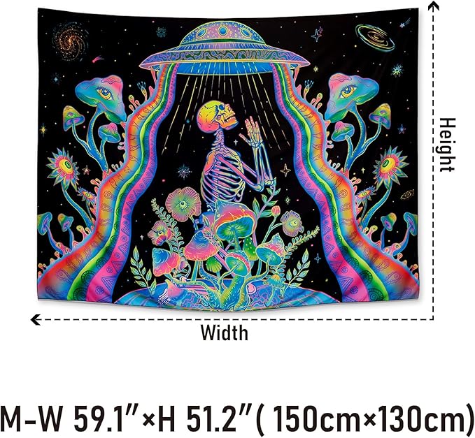 Galoker Blacklight Skeleton Tapestry Fantasy Plant Floral Tapestries UV Reactive Alien UFO Tapestry Galaxy Space Tapestries Wall Hanging for Home Decor(H51.2×W59.1 inches)