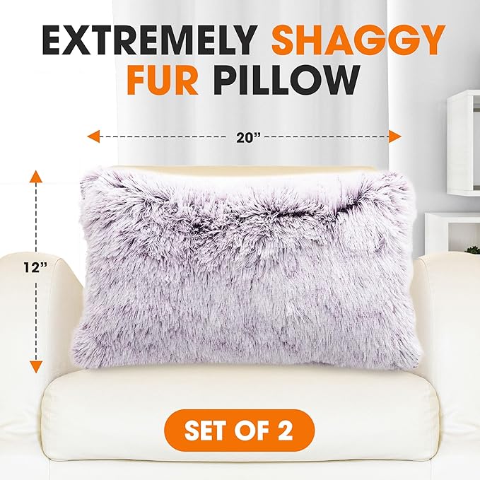 Cheer Collection Throw Pillows for Couch and Bed, Soft Shaggy Throw Pillows with Inserts Included, Cozy Long Hair Faux Fur Pillows - Set of 2-12" x 20" - Purple