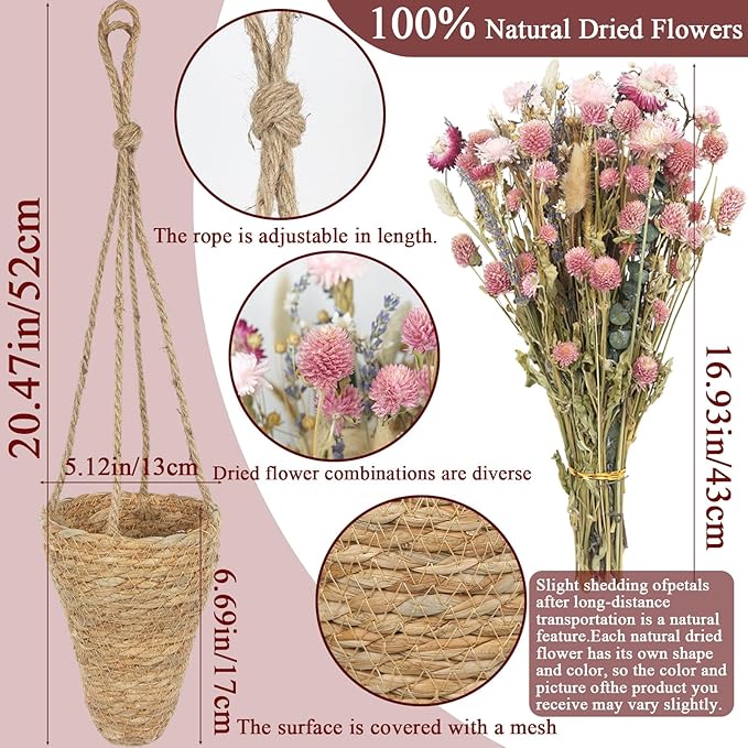 Hanging Wall Basket and Natural Dried Flower Bouquet Conical Hanging Wicker Basket with Hemp Rope Handmade Wall Planter for Garden Home Flowers Planters Boho Decor Front Door Porch Entryway