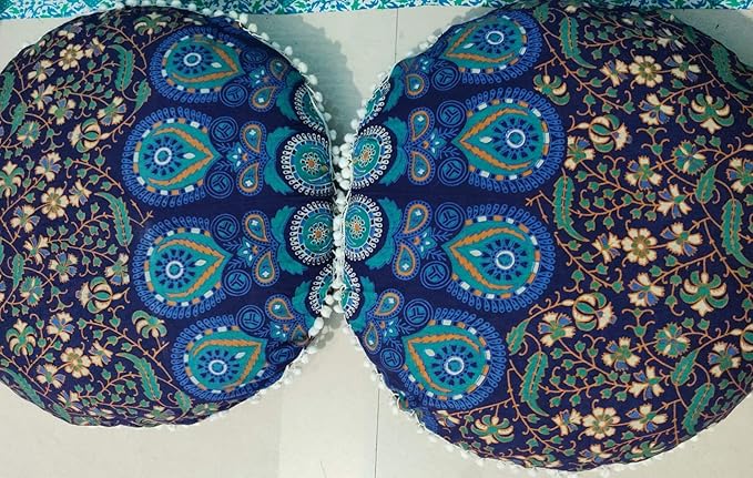CRAFT KALA Mandala Floor Pillow Cushion Cover Seating Throw Cover Hippie Decorative Bohemian Ottoman Poufs Pom Pom Pillow Cases Boho Indian Cotton Living Room Home Décor 24" Round Set Of 2 Blue Mirchi