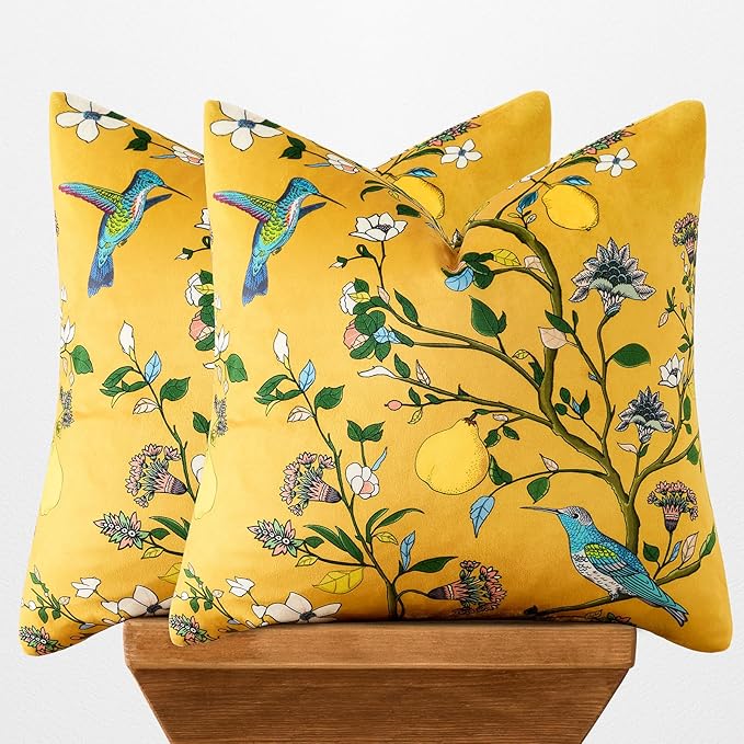 Mustard Yellow Velvet Throw Pillow Covers 20x20 Pack of 2, Vintage Floral Pillow Covers, Mid Century Flower Plant Cushion Covers for Sofa Living Room Home Decor