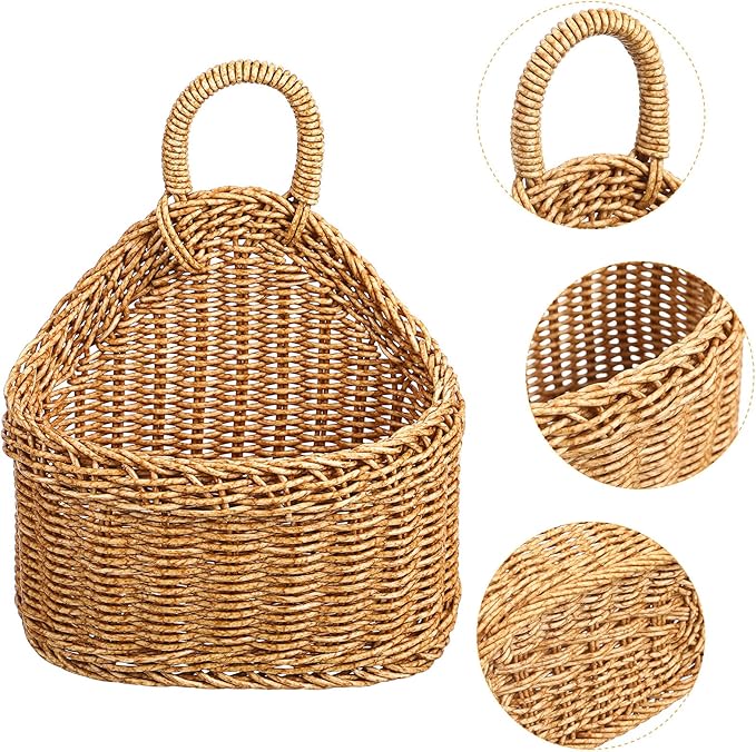 Woven Hanging Storage Basket for Kitchen 9.64X7.48X3.93In Rattan Wall Basket with Hook for Garlic Ginger Onion Potato Organization