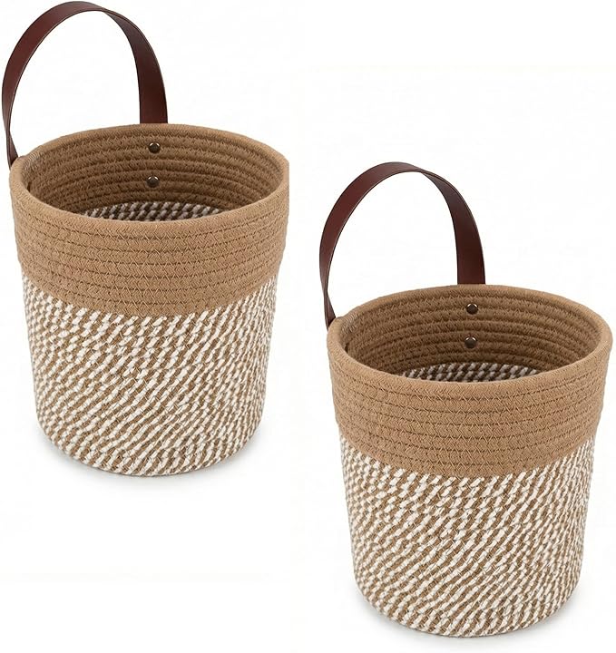 2Pack Natural Jute Hanging Baskets 7 * 8 in, Round Woven Wall Decor & Storage Planter for Plant Decor and Home Organization,Walls Basket for Bedroom, Living Room, Bathroom,Boho Decor (Brown)