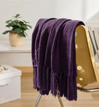 Chenille Throw Blanket for Couch 60"X 80" Twin, Soft Cozy Throws with Fringe Tassel for Bed Sofa Chair Cover, Lightweight Knitted Decorative Boho Blankets for Living Room, Dark Purple