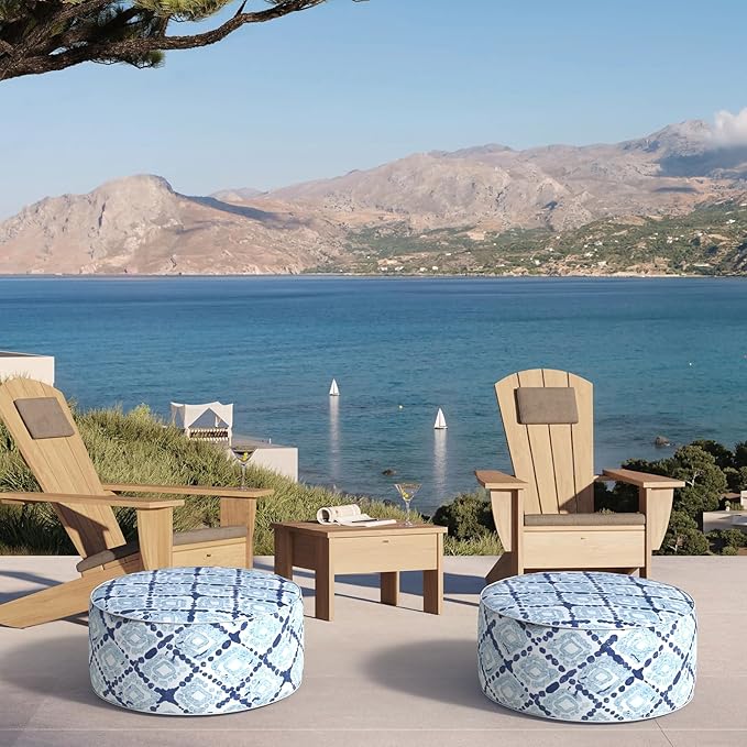 Inflatable Ottoman Stool D21 xH9 for Outdoor/Indoor Use, Water Repellent Patio Foot Rest with Portable Handle,Round Pouf Ottoman Suitable for Garden,Deck and Camping - Geometry Blue