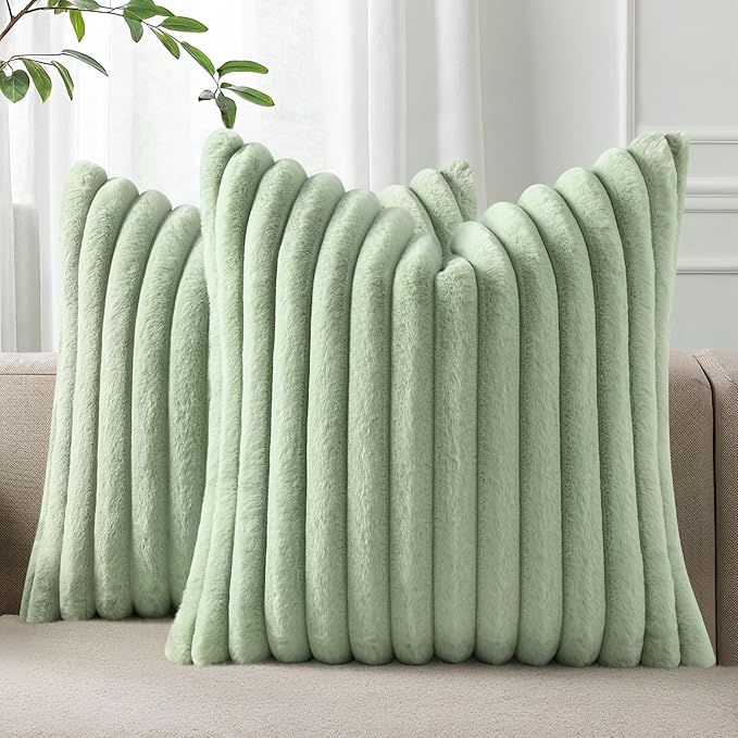 Pallene Faux Fur Plush Spring Throw Pillow Covers 26x26 Set of 2, Luxury Soft Fluffy Striped Decorative Pillow Covers for Sofa, Couch, Living Room, Sage Green