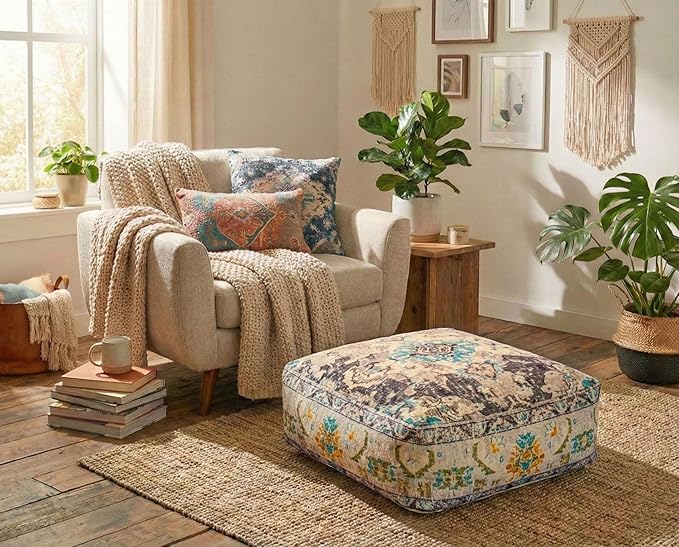 Mandala Life ART Boho Floor Cushion Cover Gray Square Moroccan Pouf Ottoman Pillow for Meditation Yoga and Boho Chic Low Seating Area Cotton 24x8 Unstuffed
