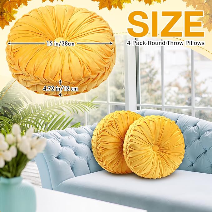 2 Pcs Round Throw Pillows 15 Inch Decorative Velvet Pleated Pumpkin Pillows Boho Floor Pillow with Center Button for Living Room Couch Chair Bed Sofa Home Decoration (Yellow)