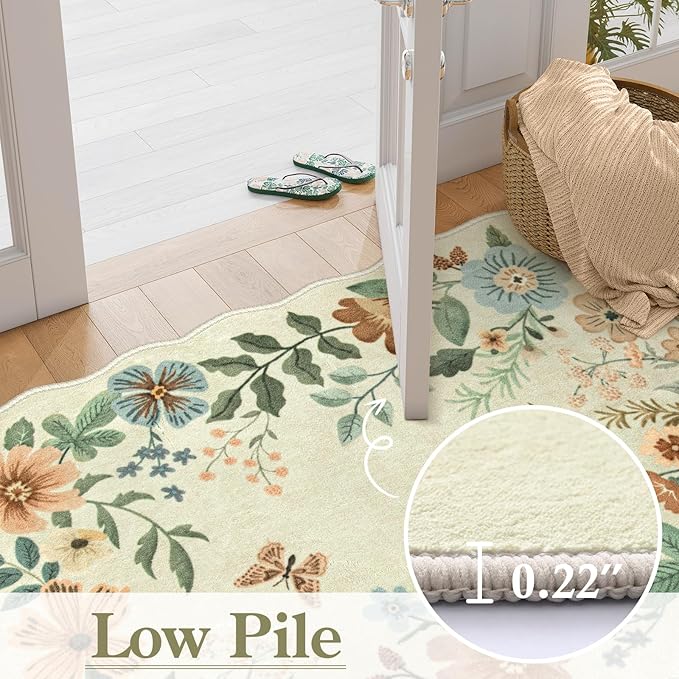 Lahome Floral Kitchen Runner Rug, 2X6 Rug Runners for Hallways Non Slip Ultra-Thin Soft, Non Slip Washable Runner Low-Pile Stain Resistant Boho Carpet for Bedroom Flore (2x6ft,Beige)