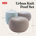 Keter Urban Knit Pouf Ottoman Set of 2 with Storage Table for Patio and Room Décor - Perfect for Balcony, Deck, and Outdoor Seating, Misty Blue & Taupe