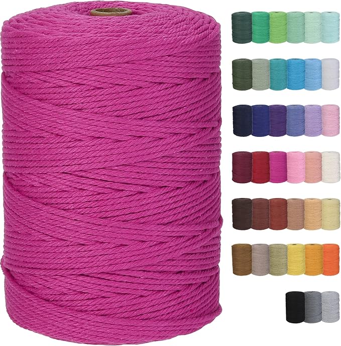 Cotton Macrame Cord 3mm 328yards Natural Colored Macrame Supplies, Soft Craft Cotton Rope for Plant Hanger Wall Hanger Dreamcatcher (Rose Red)