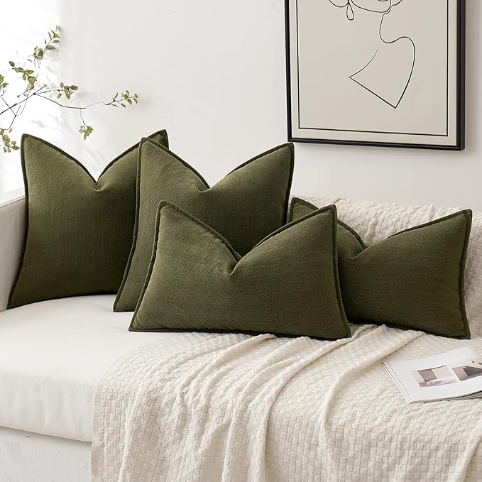 MIULEE Pack of 2 Olive Green Decorative Pillow Covers 20x20 Inch Soft Chenille Luxurious Couch Throw Pillows Farmhouse Cushion Covers with Elegant Design for Sofa Bedroom Living Room Home Decor