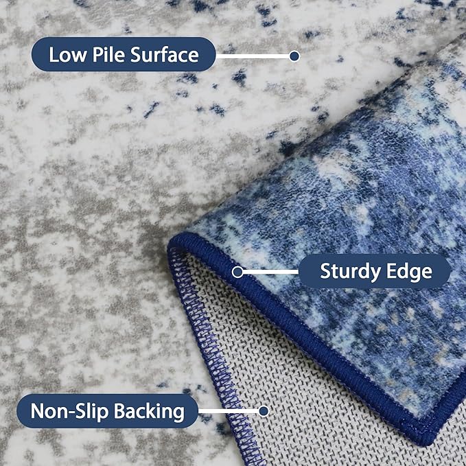 GENIMO Area Rugs 10x14 Machine Washable Rug for Living Room, Non Slip Indoor Modern Rug, Low Pile Lightweight Print Carpet for Bedroom Dining Room Home Office, Blue Ivory