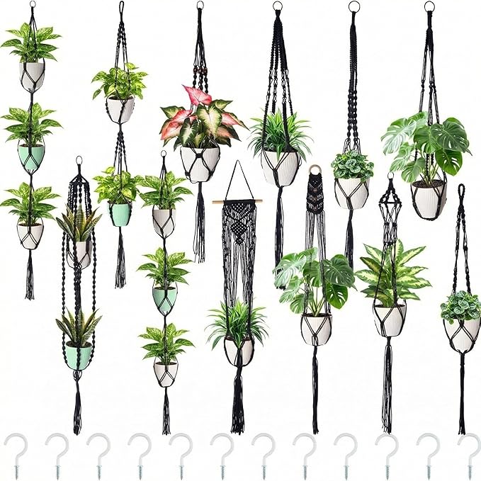 SATINIOR 12 Pcs Macrame Plant Hangers Handmade Boho Hanging Planters 12 Different Tiered Designs with 12 Hooks for Flower Pots Indoor Outdoor Decorative Wall Hanging Baskets for Home (Classic,Black)