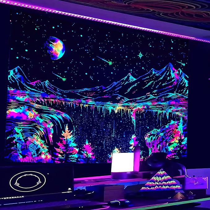 Zussun Blacklight Mountain Tapestry Starry Night Tapestries for Bedroom Aesthetic Moon and Stars Tapastry Wall Hanging Glow in The Dark Nature Forest Wall Tapestry for Living Room Dorm (80'' × 60'')