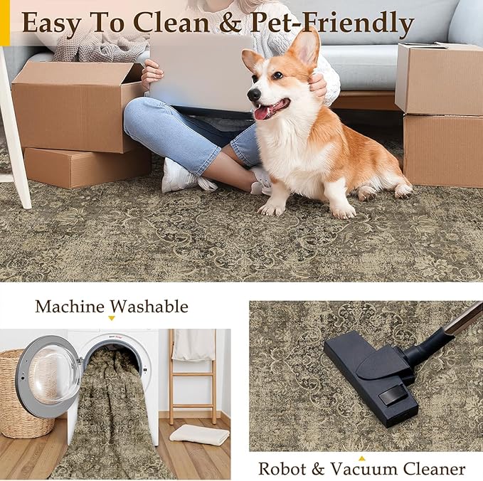 3x8 Washable Brown Runner Rug Vintage Hallway Kitchen Carpet Non-Slip Soft Low Pile Distressed Throw Rug for Bedroom Bathroom Laundry Living Room