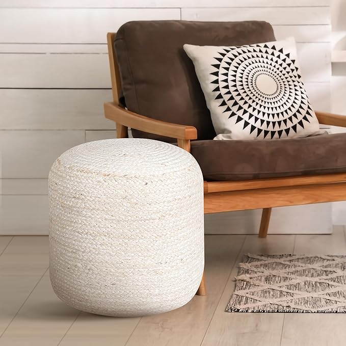 Palisa Ottoman Jute Pouf Handmade Knitted Poof Bean Bag Filling | Boho Pouffe for Living Room & Bedroom | Foot Rest Poufs for Office Home Decor (Off White, 16" D x 16" W x 18" H)