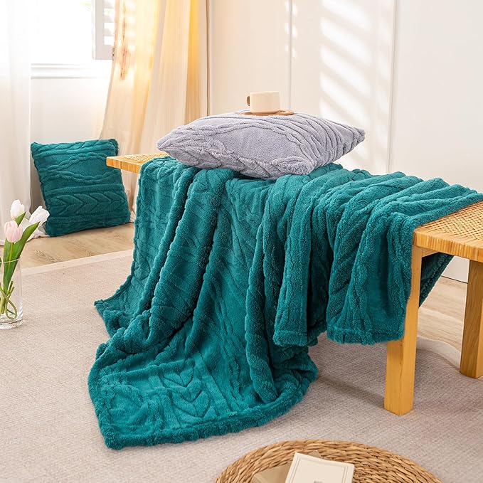 YUSOKI Sherpa Large Throw Blanket Single Layer,Light Weight(1.7lb),370GMS-3D Stylish Design for Gift Home Decor (Teal,50"x65")