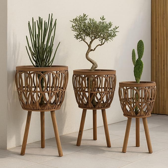 Set of 3 Woven Decorative Planter Pot with Stand – Wooden Bamboo & Plywood Outdoor & Indoor Plant Pot – Boho Garden & Home Decor Planters – 20", 23", & 26", Brown