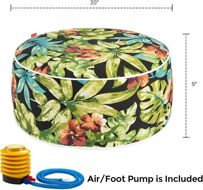 Outdoor/Indoor Inflatable Ottoman Pouf D20 xH9, All Weather Round Footstool with Foot Pump, Water Repellent Portable Footrest with Handle for Patio Garden Camping Travel-Tropical Green Leaves