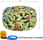 Outdoor/Indoor Inflatable Ottoman Pouf D20 xH9, All Weather Round Footstool with Foot Pump, Water Repellent Portable Footrest with Handle for Patio Garden Camping Travel-Tropical Green Leaves