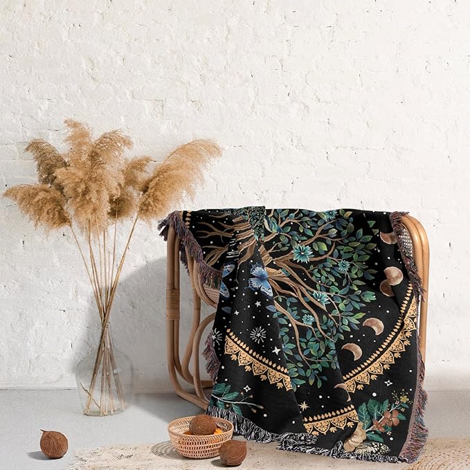Tree of Life Woven Throw Blanket Mandala Boho Chic Decor Life Tree Reversible Cute Cotton Boho Throw Blanket Witchy Throws Blankets with Tassels Bohemian Room Decor Luxury Christmas Throws 51”x59”
