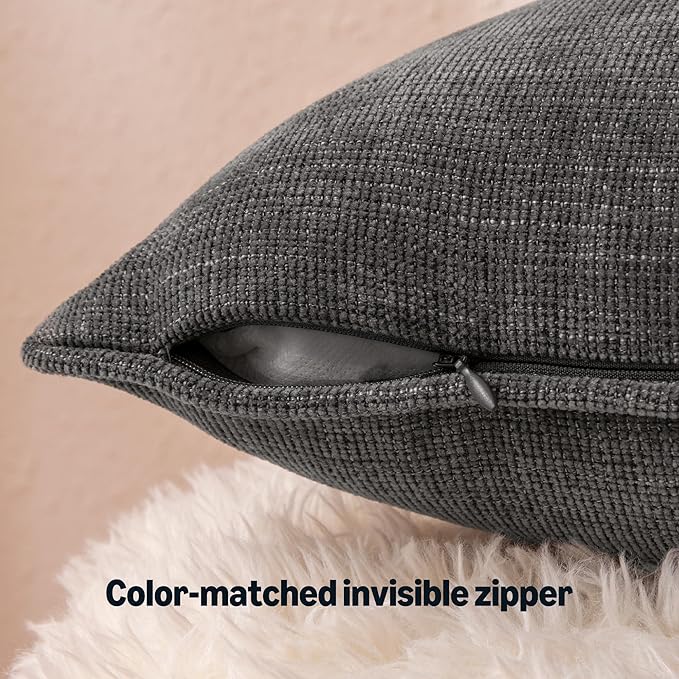 Amazon Basics Faux Linen Throw Pillow Covers with Hidden Zipper Closure, 16 × 16in, Dark Gray, Pack of 2
