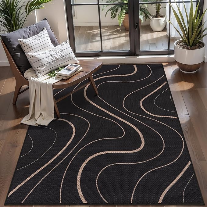 Tangsoo Easy Jute 3x5 Rug for Bedroom,Non Slip Washable Small Area Rug,Farmhouse Black LinesThin Indoor Outdoor Throw Carpet for Front Porch Patio Entryway Balcony Living Room