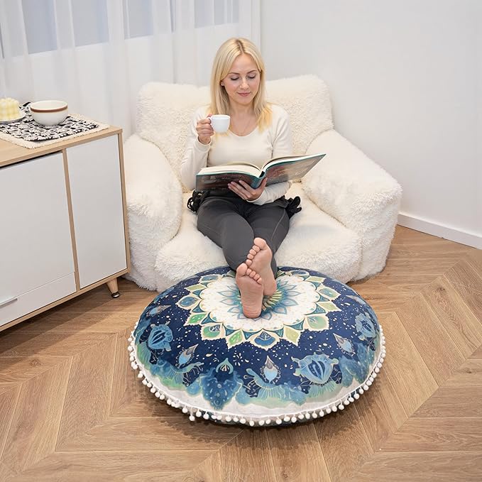 Meditation Cushion Set of 2, 32 Inch Extra Thick Memory Foam Round Floor Pillow with Removable Washable Cover, Bohemian Mandala Yoga Cushion for Adults - Ideal Holiday Decor, Green